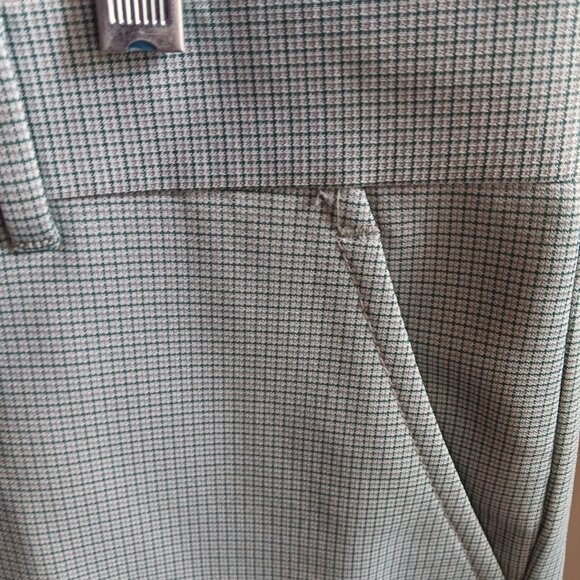40x30 Men's Vintage Pants Farah Green Checkered Flat Front 1970's Polyester - Picture 3 of 6